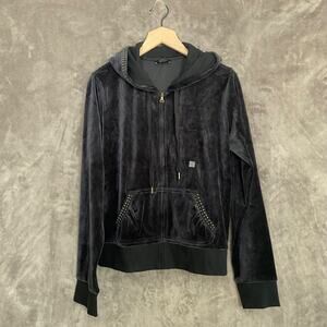 Y2K Express Womens Black Velour Track Jacket Size L Studded Full Zip Grunge NWOT